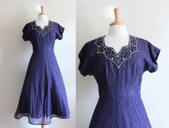 Vintage 1950s Beaded Purple Lace Party Dress - image 1