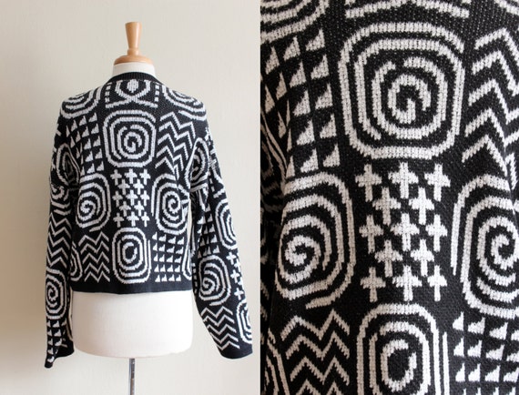 Vintage Black & White Graphic Knit Cardigan Sweat… - image 5