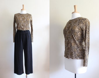 Vintage 1990s Leopard Print Stretch Mesh Long Sleeve Top