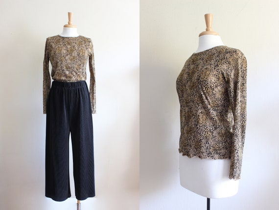 Vintage 1990s Leopard Print Stretch Mesh Long Sleeve Top