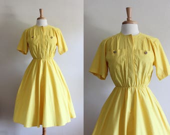 Vintage 1980s does 1950s Yellow Full Skirt Day Dress