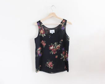 Vintage 1990s Black Floral Sheer Chiffon Top