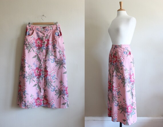 Vintage Pink Floral Linen Blend Button Front Maxi