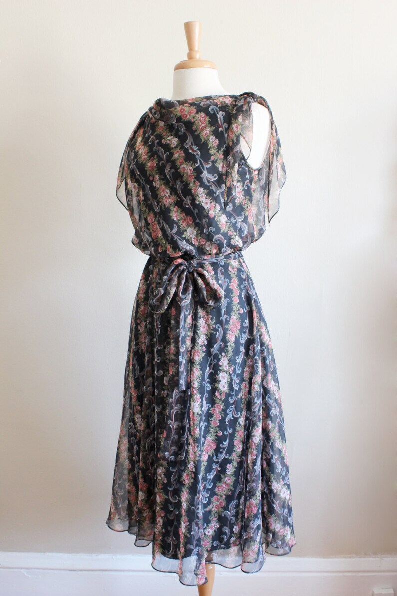1970s Dress Vintage Black Floral Chiffon Dress