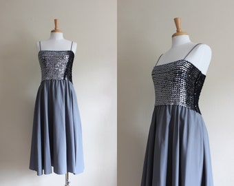 Vintage 1970s Themes Grey Tafetta & Silver Sequin Dress