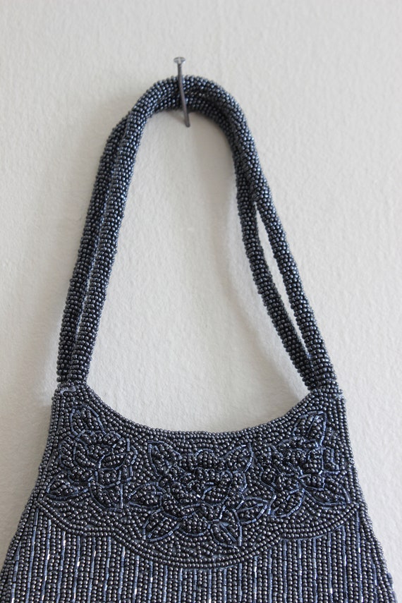 Vintage Gunmetal Grey Beaded Double Handle Bag - image 4