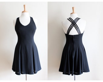 Vintage 1990s Black Strappy Back Fit and Flare Dress
