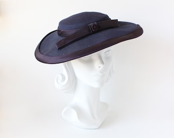 Vintage 1960s Navy Blue Wide Brim Tilt Hat