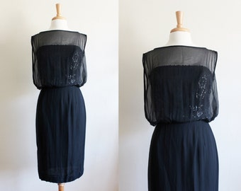 Vintage 1960s Pat Hartley Black Chiffon & Sequin Cocktail Dress