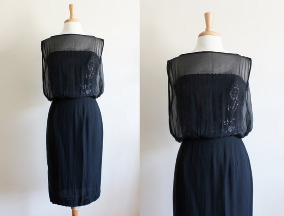 1960s Dress / Black Chiffon & Sequin Cocktail Dres