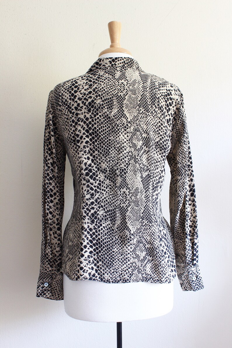 Vintage Beige /& Black Snakeskin Print Silk Button Down Top