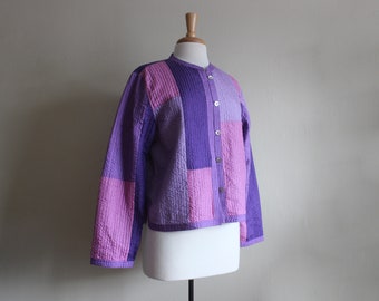 Vintage Reversible Multicolor Purple Patchwork Silk Quilted Jacket