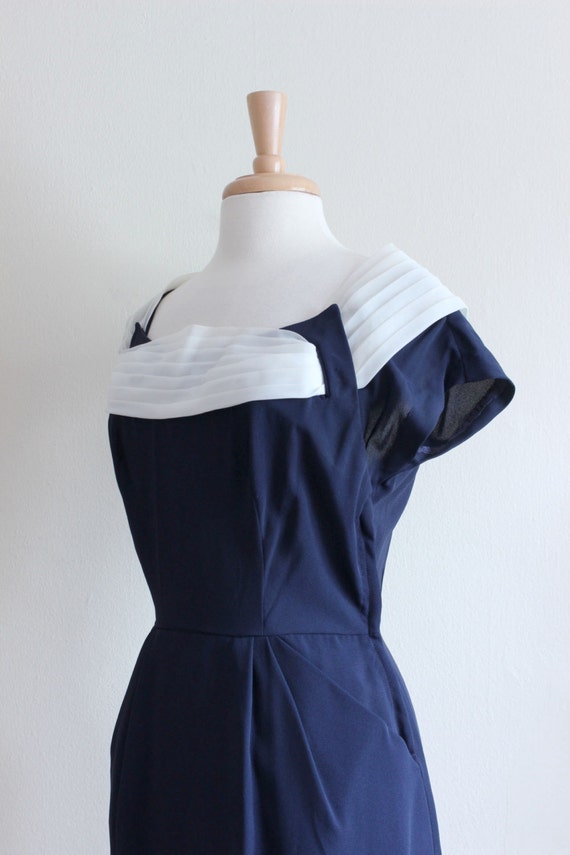 Vintage 1950s White Pleated Organza Collar Navy B… - image 4