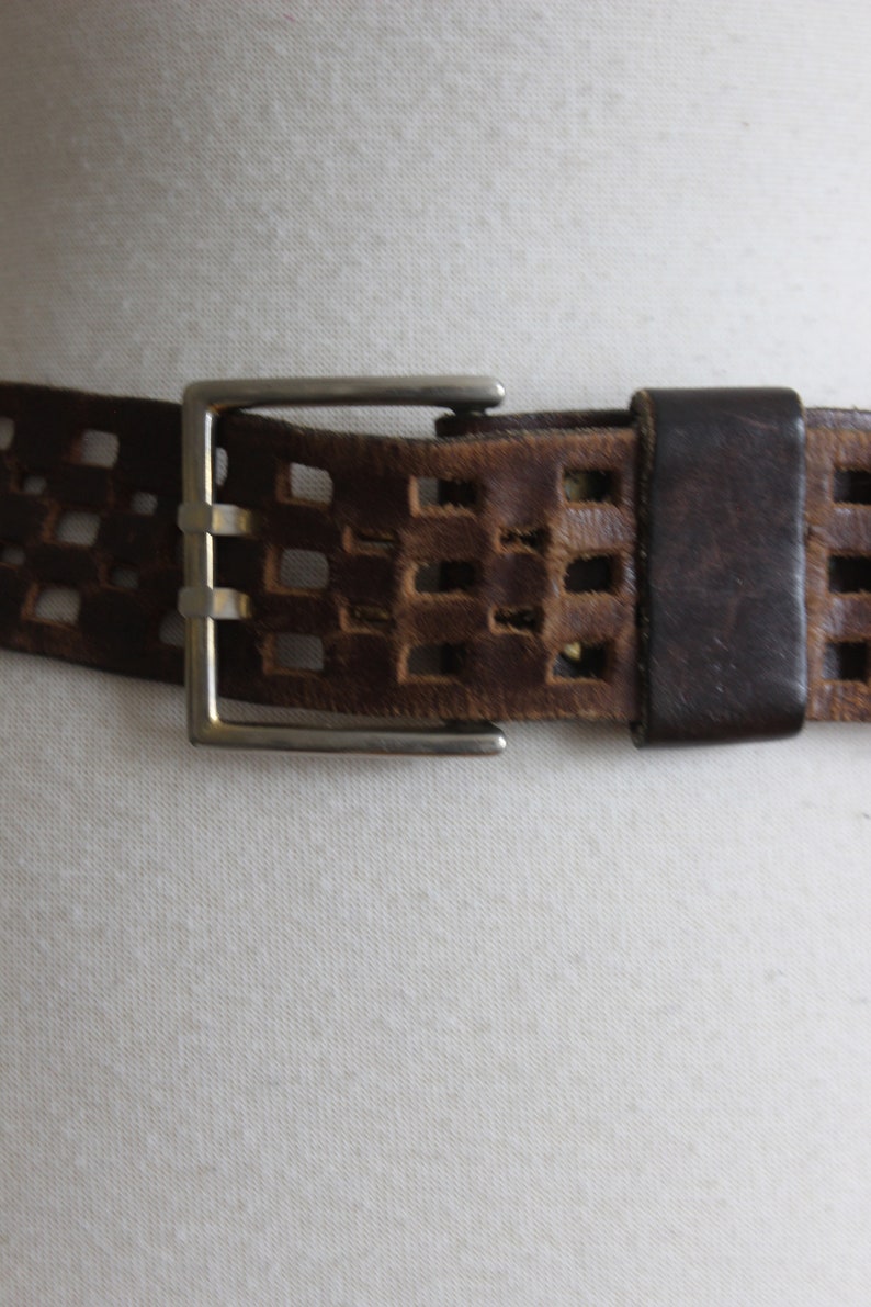 Vintage Checkerboard Cutout Brown Leather Wide Belt image 3