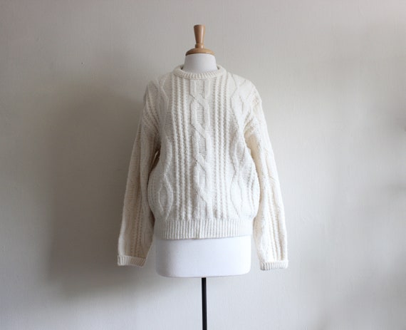 Vintage 1960s Off White Cable Knit Slouchy Pullov… - image 1