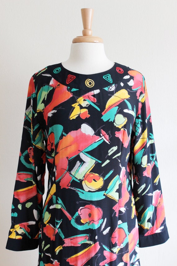 Vintage Black & Multicolor Abstract Long Sleeve D… - image 2