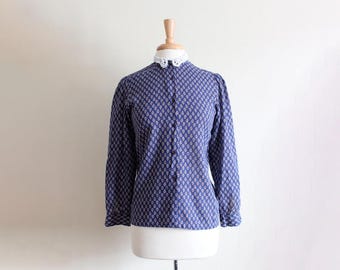 Vintage Navy Paisley Print Blouse with Lace Peter Pan Collar