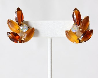 1950s Rhinestone Earrings / Vintage 1950s Brown & Gold Clip On Earrings