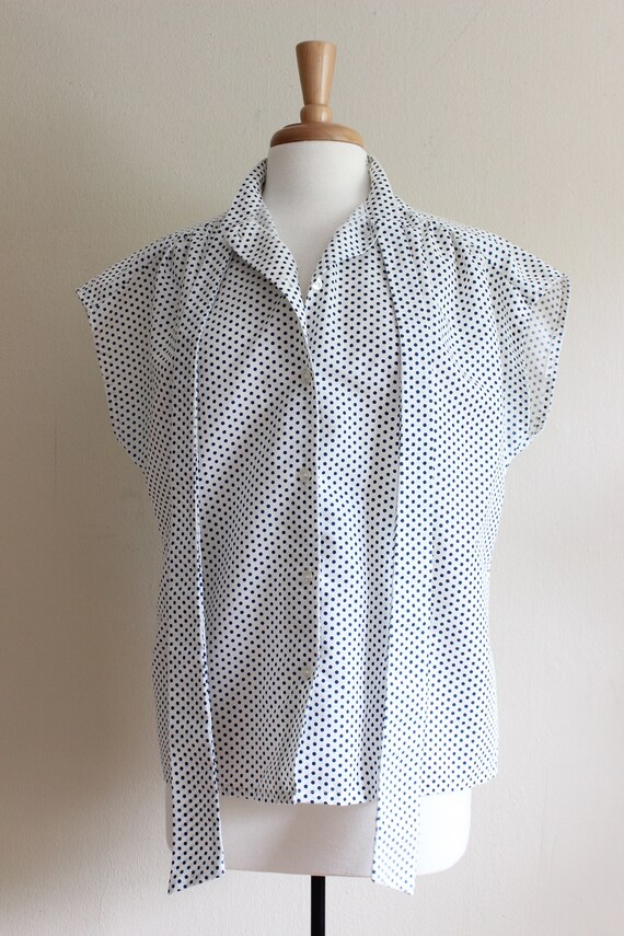 VIntage 1970s Navy & White Polka Dot Tie Neck Top - image 3