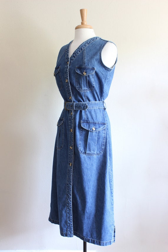 Vintage 1990s Button Front Belted Denim Dress - image 7