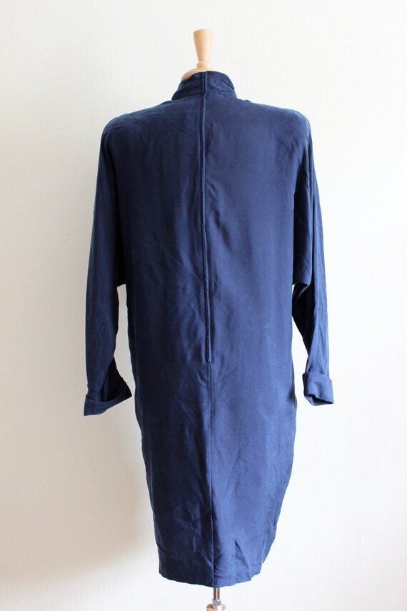 Vintage 1980s Long Sleeve Navy Blue Draped Silk D… - image 5