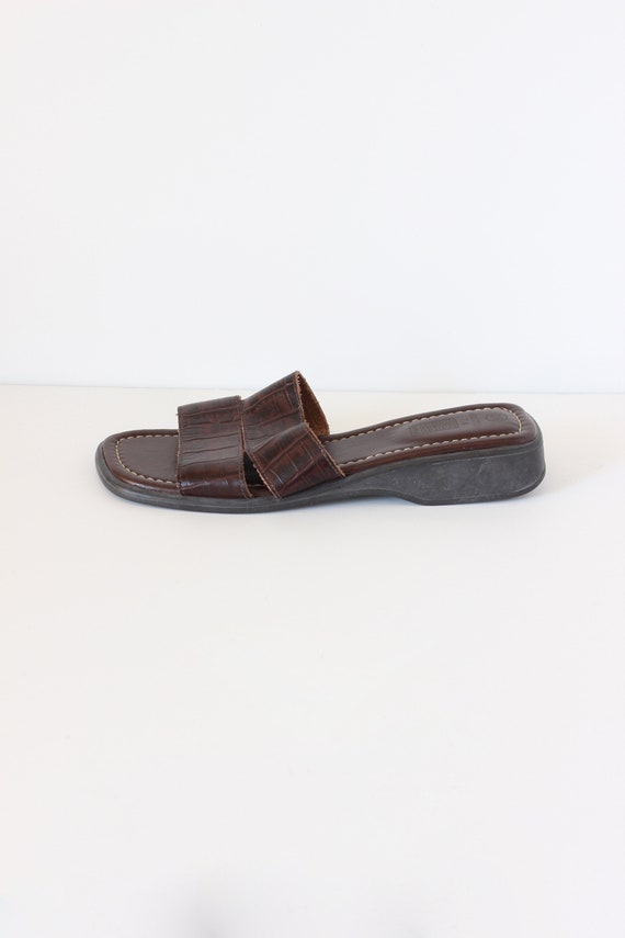 Vintage 1990s Brown Croc Embossed Leather Slide S… - image 1