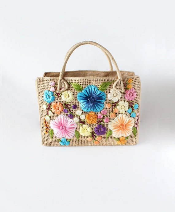Vintage 1960s Cabana Raffia Flowers Woven Straw To