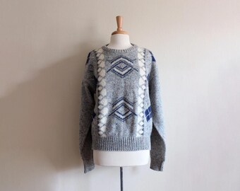 Vintage Grey & Blue Geometric Wool Blend Sweater