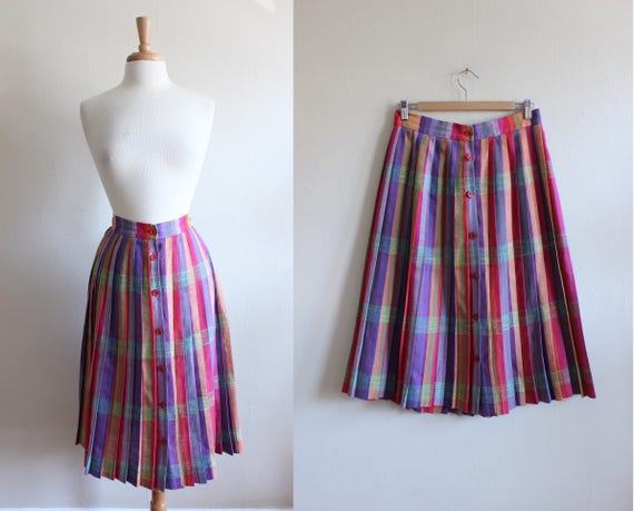Vintage Bright Rainbow Plaid Midi Skirt