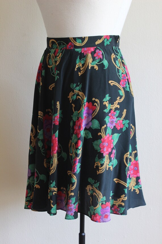 Vintage Black Floral 100% Silk Mini Skirt - image 6