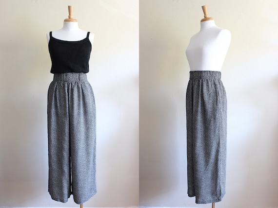 Vintage Black & White Print High Waist Wide Leg Pa