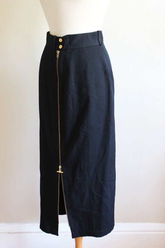 Vintage Black Wool Zipper Front Midi Skirt - image 4