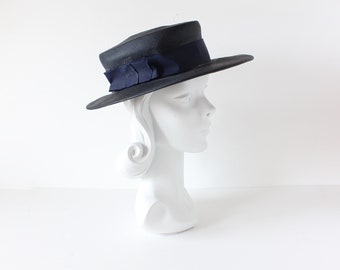 Vintage 1960s Ann Marie Navy Blue Boater Hat