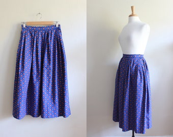 Vintage Red & Blue Print Cotton Midi Skirt