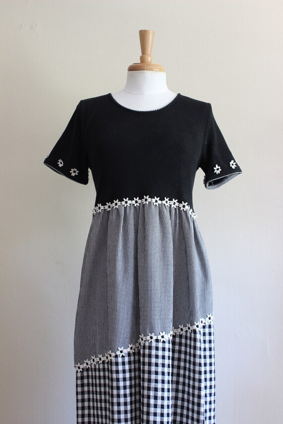 Vintage Black Waffle Knit & Gingham Midi Dress wi… - image 3