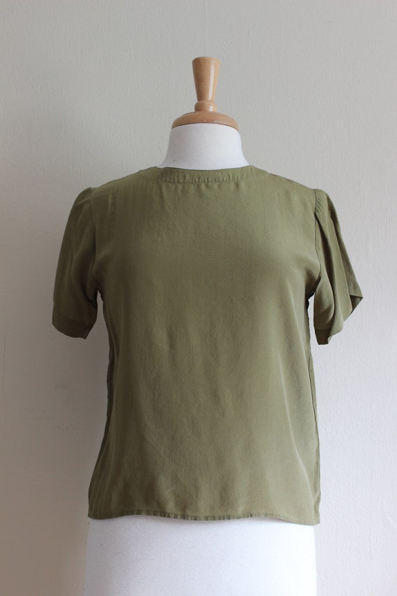 Vintage Olive Green Silk T-Shirt Top - image 2