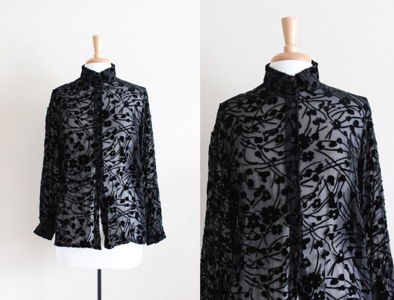Vintage 1990s Black Velvet Burnout Sheer Top