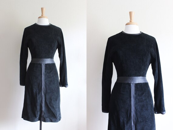 Vintage Long Sleeve Black Leather Trim Suede Dress