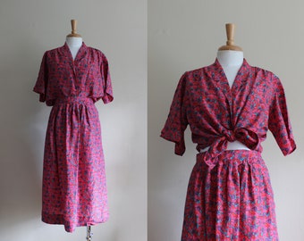 Vintage Pink & Red Floral Silk Top and Midi Skirt Coordinating Set