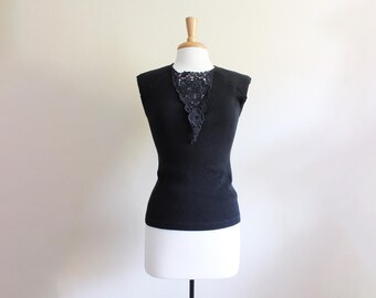 Vintage Black Lace Trim Rib Knit Top with Padded Shoulders