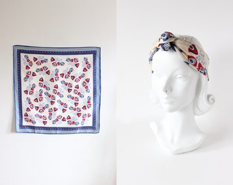 Vintage  Blue & Red Folky Floral Print Scarf