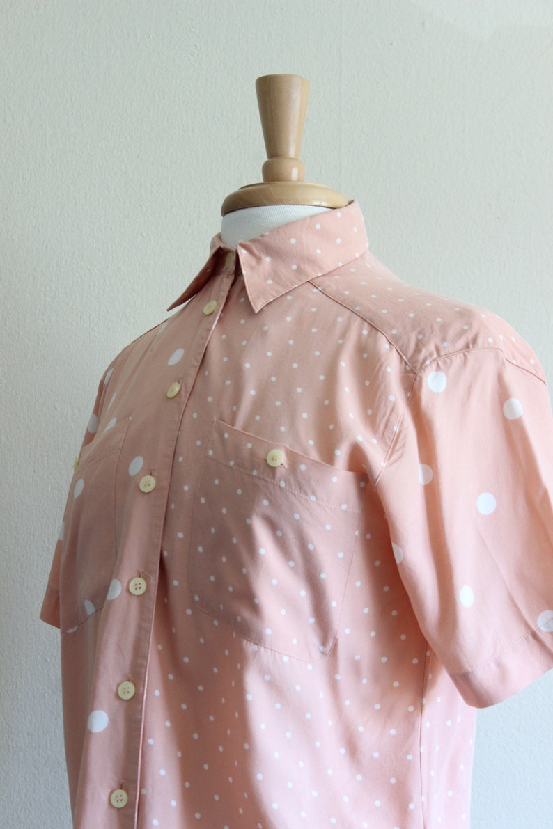 Vintage Peachy Pink Polka Dot Button Down Top