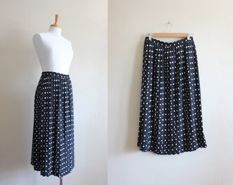 Vintage Black and White Polka Dot Pleated Midi Skirt