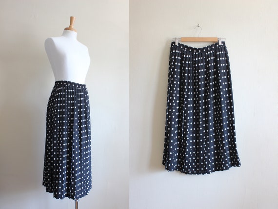 Vintage Black and White Polka Dot Pleated Midi Sk… - image 1