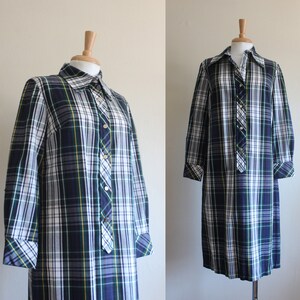 Vintage 1960s Navy, Green & White Plaid Long Sleeve Shirtdress image 1