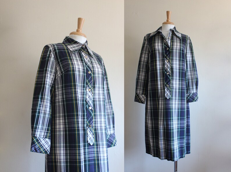 Vintage 1960s Navy, Green & White Plaid Long Sleeve Shirtdress image 1