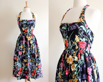 Vintage 1980s does 1950s Black Floral Sundress