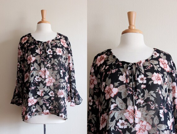 Vintage 1970s Sheer Pink & Black Floral Top - image 1