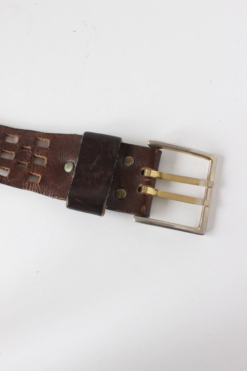 Vintage Checkerboard Cutout Brown Leather Wide Belt image 8