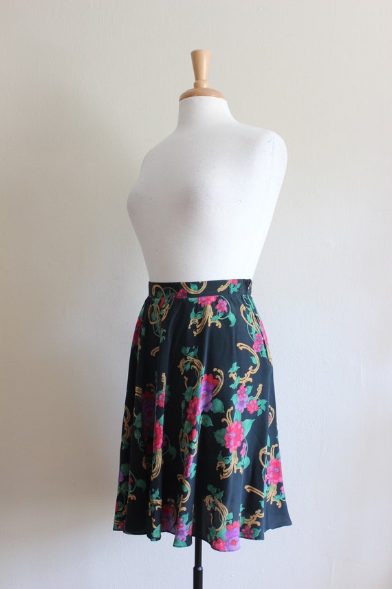 Vintage Black Floral 100% Silk Mini Skirt - image 5